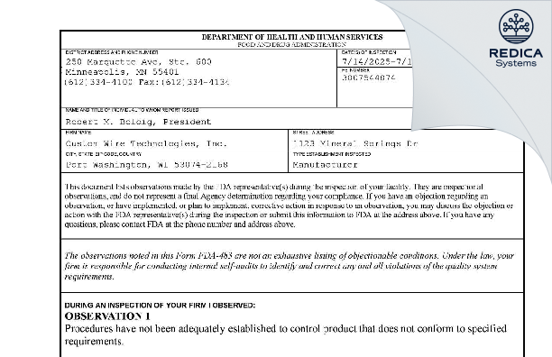 FDA 483 - Custom Wire Technologies Inc [Port Washington / United States of America] - Download PDF - Redica Systems