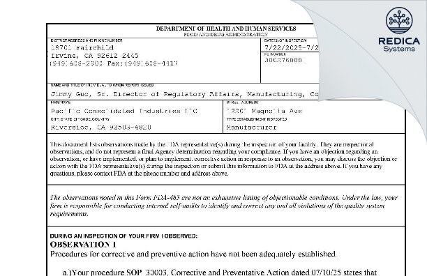 FDA 483 - Pacific Consolidated Industries LLC [Riverside / United States of America] - Download PDF - Redica Systems
