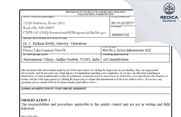 FDA 483 - Hetero Labs Limited [Nakkapalle / India] - Download PDF - Redica Systems