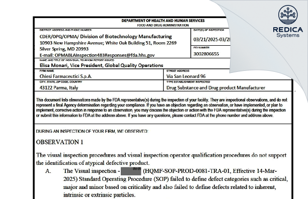 FDA 483 - Chiesi Farmaceutici S.p.A. [Parma / Italy] - Download PDF - Redica Systems