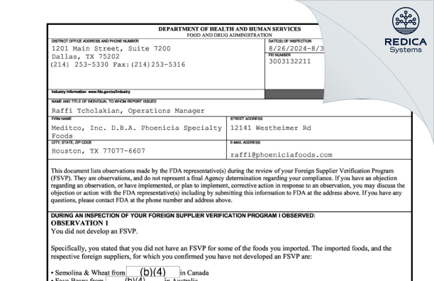 FDA 483 - Meditco, Inc. D.B.A. Phoenicia Specialty Foods [Houston / United States of America] - Download PDF - Redica Systems