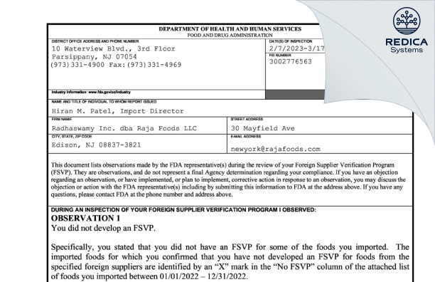 FDA 483 - Radhaswamy Inc. dba Raja Foods LLC [Edison / United States of America] - Download PDF - Redica Systems