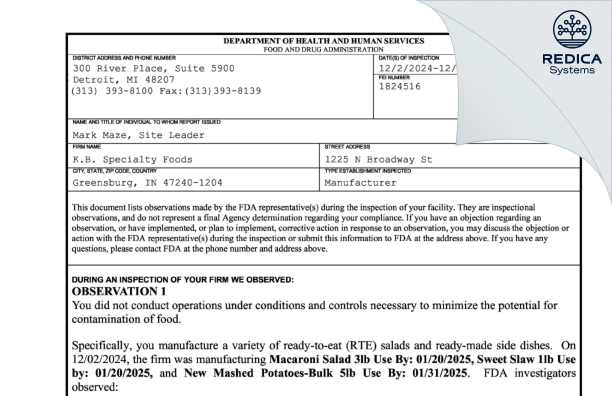 FDA 483 - K.B. Specialty Foods [Greensburg / United States of America] - Download PDF - Redica Systems