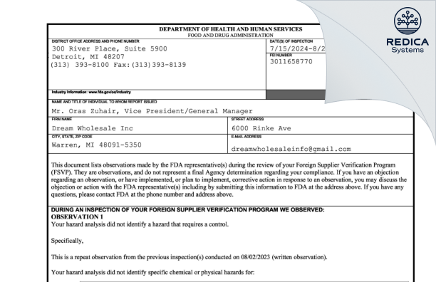 FDA 483 - Dream Wholesale Inc [Warren / United States of America] - Download PDF - Redica Systems