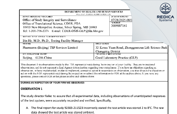 FDA 483 - Pharmaron [Beijing / China] - Download PDF - Redica Systems