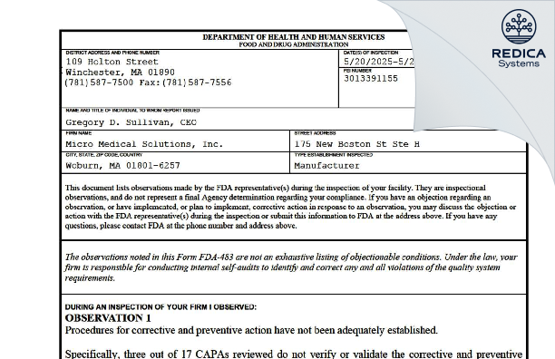 FDA 483 - Micro Medical Solutions, Inc. [Wilmington / United States of America] - Download PDF - Redica Systems
