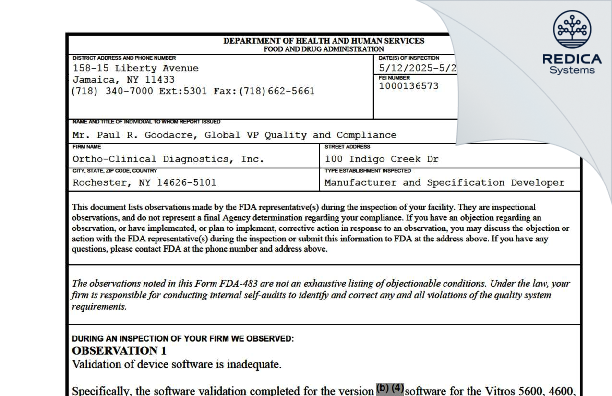 FDA 483 - Ortho Clinical Diagnostics [Rochester / United States of America] - Download PDF - Redica Systems