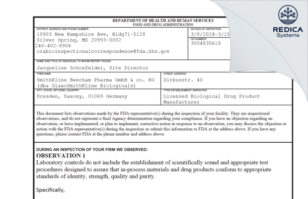 FDA 483 - SmithKline Beecham Pharma GmbH & Co. KG (dba GlaxoSmithKline Biologicals) [Dresden / Germany] - Download PDF - Redica Systems