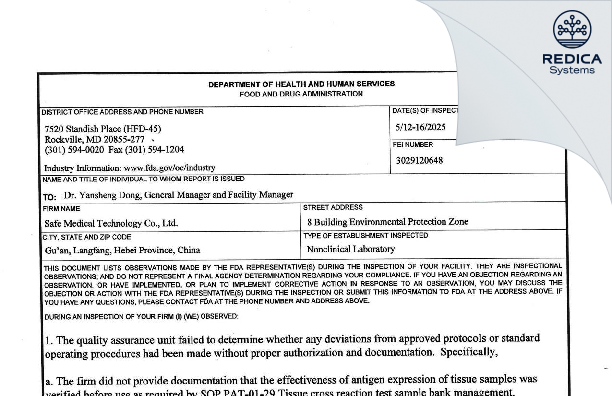 FDA 483 - SAFE Medical Technology Co., LtD. [Gu’an / China] - Download PDF - Redica Systems