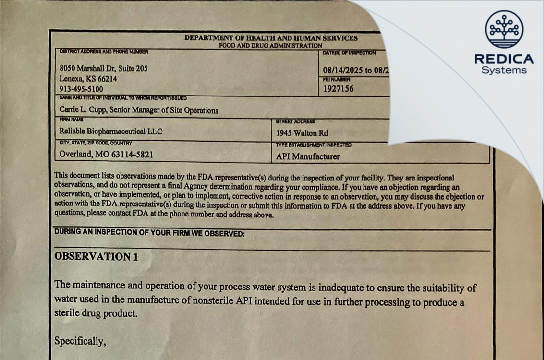 FDA 483 - Reliable Biopharmaceutical LLC [Saint Louis / United States of America] - Download PDF - Redica Systems