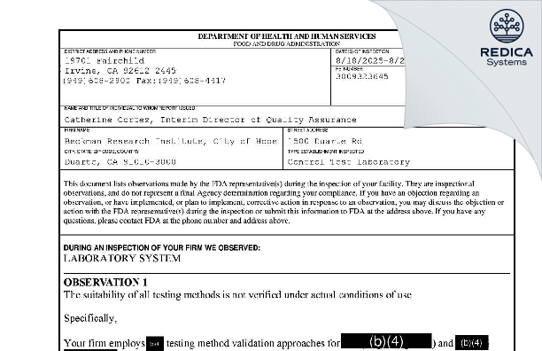 FDA 483 - Beckman Research Institute of City of Hope [Duarte / United States of America] - Download PDF - Redica Systems