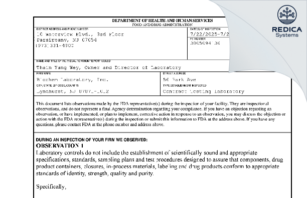 FDA 483 - Biochem Laboratory, Inc [Lyndhurst / United States of America] - Download PDF - Redica Systems