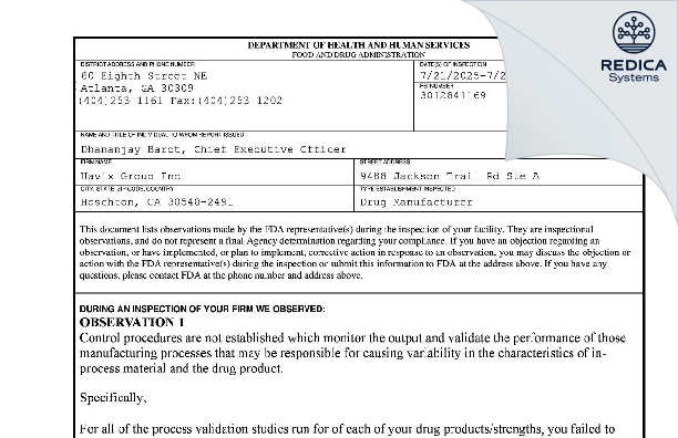 FDA 483 - Havix Group Inc d/b/a Aavis Pharmaceuticals [Hoschton / United States of America] - Download PDF - Redica Systems
