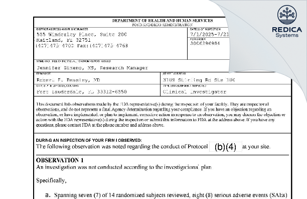 FDA 483 - Beasley E. Robert, MD [Miami Beach / United States of America] - Download PDF - Redica Systems
