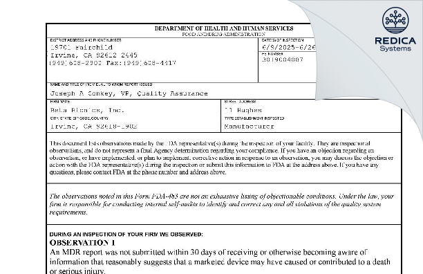 FDA 483 - BETA BIONICS, INC. [Irvine / United States of America] - Download PDF - Redica Systems