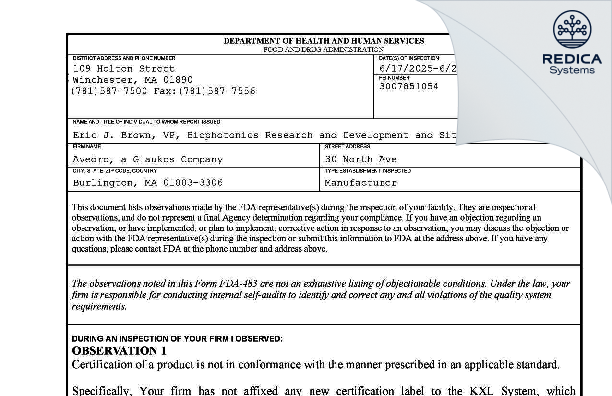 FDA 483 - Avedro, Inc. [Waltham / United States of America] - Download PDF - Redica Systems