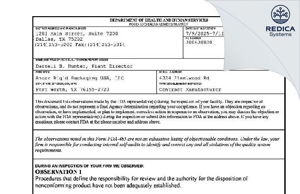 FDA 483 - Amcor Rigid Packaging USA, LLC [Fort Worth / United States of America] - Download PDF - Redica Systems
