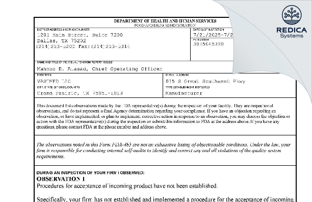 FDA 483 - VASTMED LLC [Grand Prairie / United States of America] - Download PDF - Redica Systems