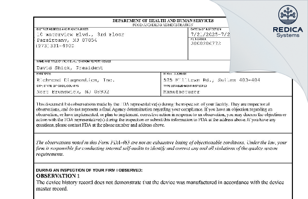 FDA 483 - Richmond Diagnostics, Inc. [New Brunswick / United States of America] - Download PDF - Redica Systems