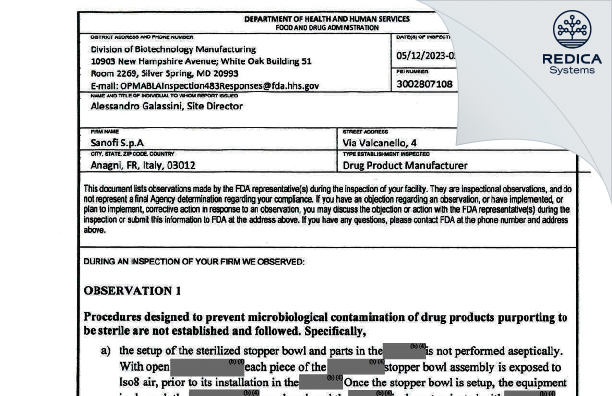 FDA 483 - Sanofi S.r.l. [Anagni / Italy] - Download PDF - Redica Systems