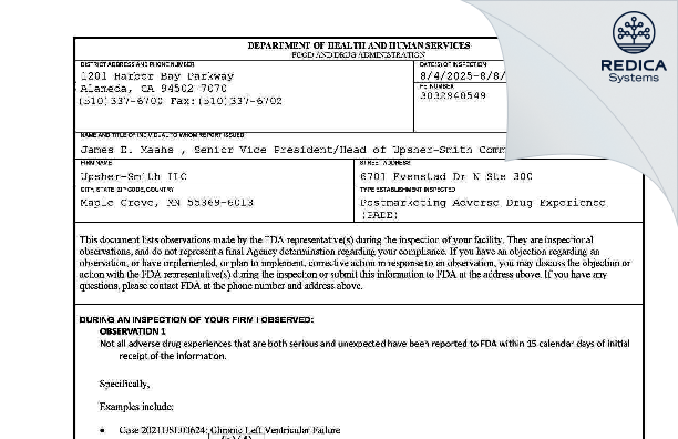 FDA 483 - Upsher-Smith LLC [Maple Grove / United States of America] - Download PDF - Redica Systems