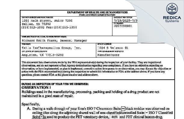 FDA 483 - IsoTherapeutics Group LLC [Angleton / United States of America] - Download PDF - Redica Systems