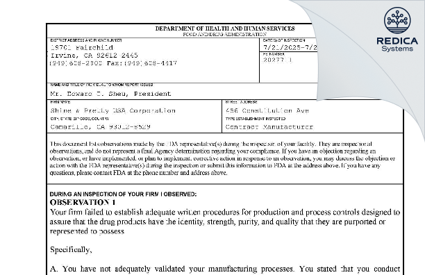 FDA 483 - Shine & Pretty (USA), Corp [Camarillo / United States of America] - Download PDF - Redica Systems