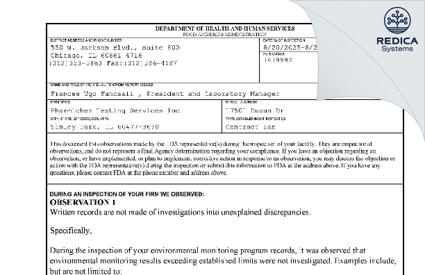 FDA 483 - Pharmichem Testing Services [Tinley Park / United States of America] - Download PDF - Redica Systems