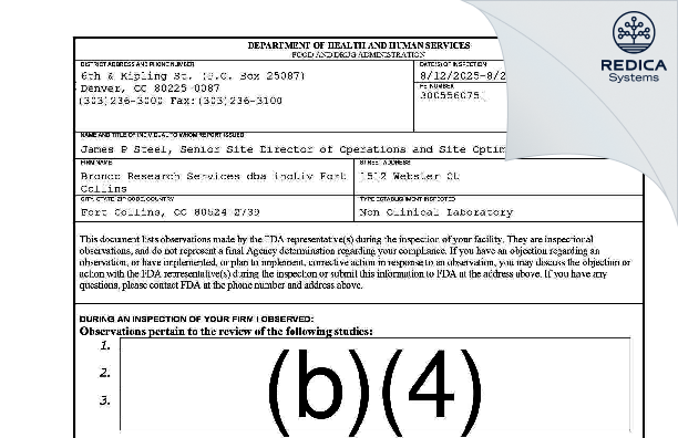 FDA 483 - Bronco Research Services dba inotiv Fort Collins [Fort Collins / United States of America] - Download PDF - Redica Systems