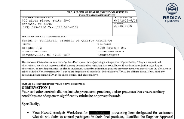 FDA 483 - Blendco LLC [Ottumwa / United States of America] - Download PDF - Redica Systems