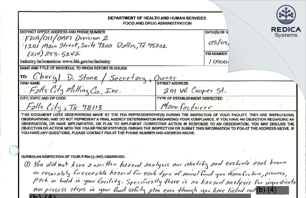 FDA 483 - Falls City Milling Co., Inc. [Falls City / United States of America] - Download PDF - Redica Systems