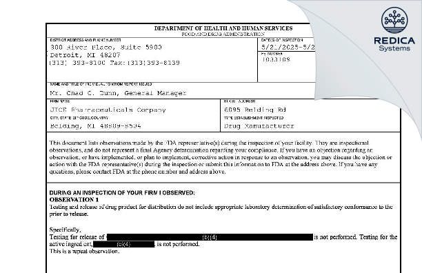 FDA 483 - JICE Pharmaceuticals Company [Belding / United States of America] - Download PDF - Redica Systems