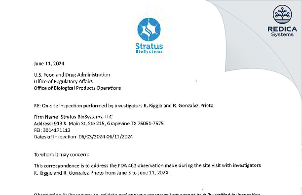 FDA 483 Response - Stratus BioSystems, LLC [Grapevine / United States of America] - Download PDF - Redica Systems