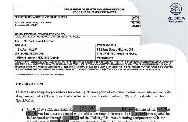 FDA 483 - Bio Agri Mix LP [Mitchell / Canada] - Download PDF - Redica Systems