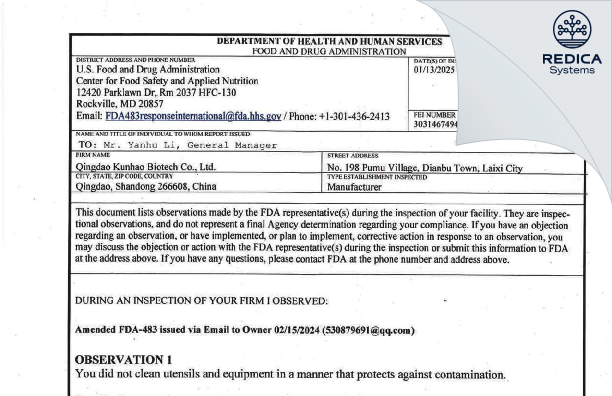 FDA 483 - Qingdao Kunhao Biotech Co.,Ltd [Qingdao / China] - Download PDF - Redica Systems