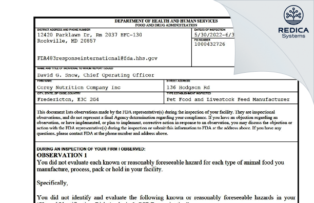 FDA 483 - Corey Nutrition Company Inc [Fredericton / Canada] - Download PDF - Redica Systems
