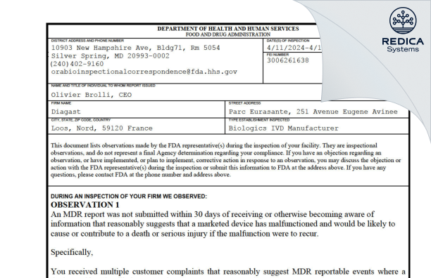 FDA 483 - DIAGAST [Loos / France] - Download PDF - Redica Systems