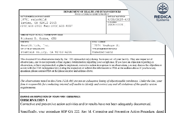 FDA 483 - HeartStitch, Inc. [Fountain Valley / United States of America] - Download PDF - Redica Systems