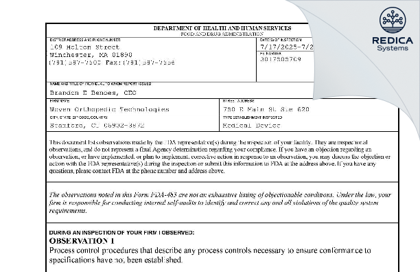 FDA 483 - WOVEN ORTHOPEDIC TECHNOLOGIES [Manchester / United States of America] - Download PDF - Redica Systems