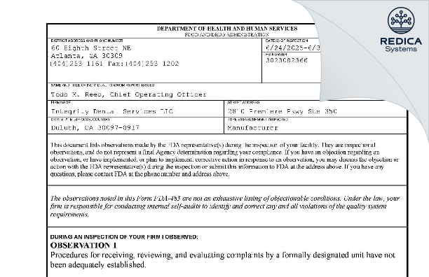 FDA 483 - INTEGRITY DENTAL SERVICES LLC [Duluth / United States of America] - Download PDF - Redica Systems
