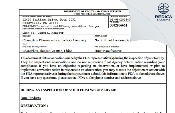 FDA 483 - Changzhou Pharmaceutical Factory [Luodong / China] - Download PDF - Redica Systems