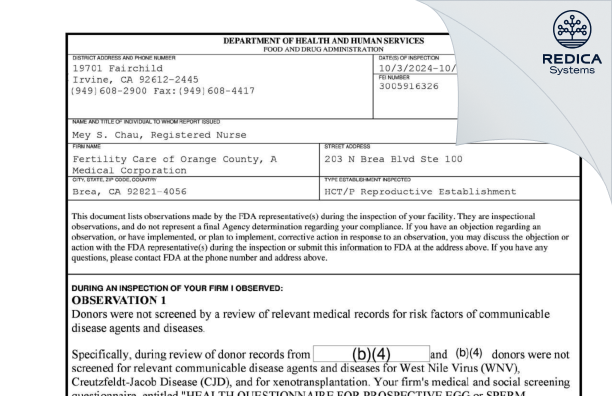 FDA 483 - Fertility Care of Orange County, A Medical Corporation [Brea / United States of America] - Download PDF - Redica Systems
