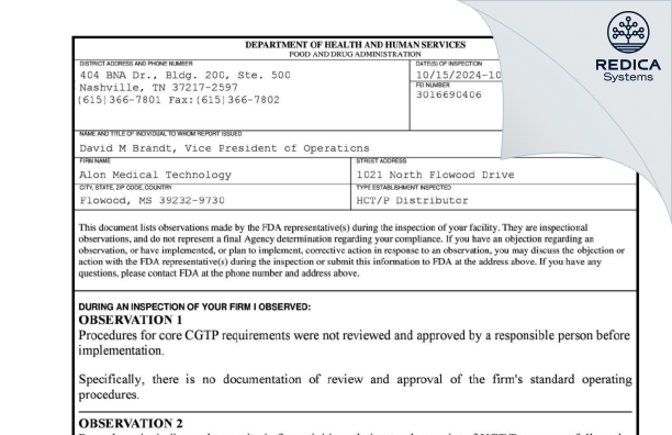 FDA 483 - Alon Medical Technology [Flowood / United States of America] - Download PDF - Redica Systems
