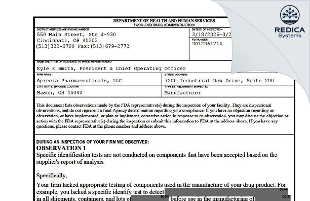 FDA 483 - Aprecia Pharmaceuticals, LLC [Blue Ash / United States of America] - Download PDF - Redica Systems