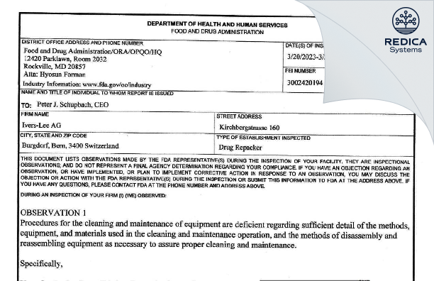 FDA 483 - Ivers-Lee SA [Burgdorf / Switzerland] - Download PDF - Redica Systems
