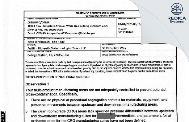 FDA 483 - FUJIFILM Diosynth Biotechnologies Texas, LLC [College Station / United States of America] - Download PDF - Redica Systems