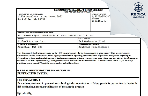 FDA 483 - Pillar5 Pharma Inc [Arnprior / Canada] - Download PDF - Redica Systems