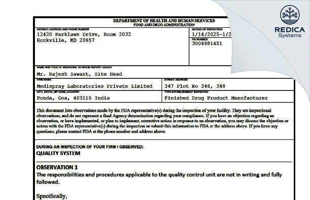 FDA 483 - Medispray Laboratories Private Limited. [Ponda / India] - Download PDF - Redica Systems