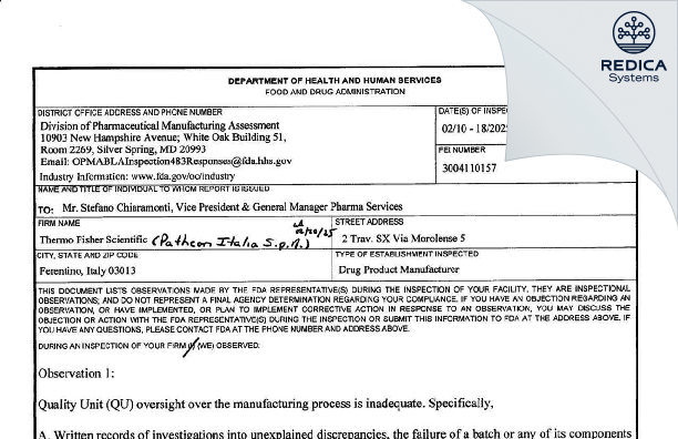 FDA 483 - Patheon Italia S.p.A [Ferentino / Italy] - Download PDF - Redica Systems