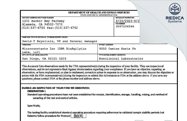 FDA 483 - Microconstants Inc [San Diego / United States of America] - Download PDF - Redica Systems